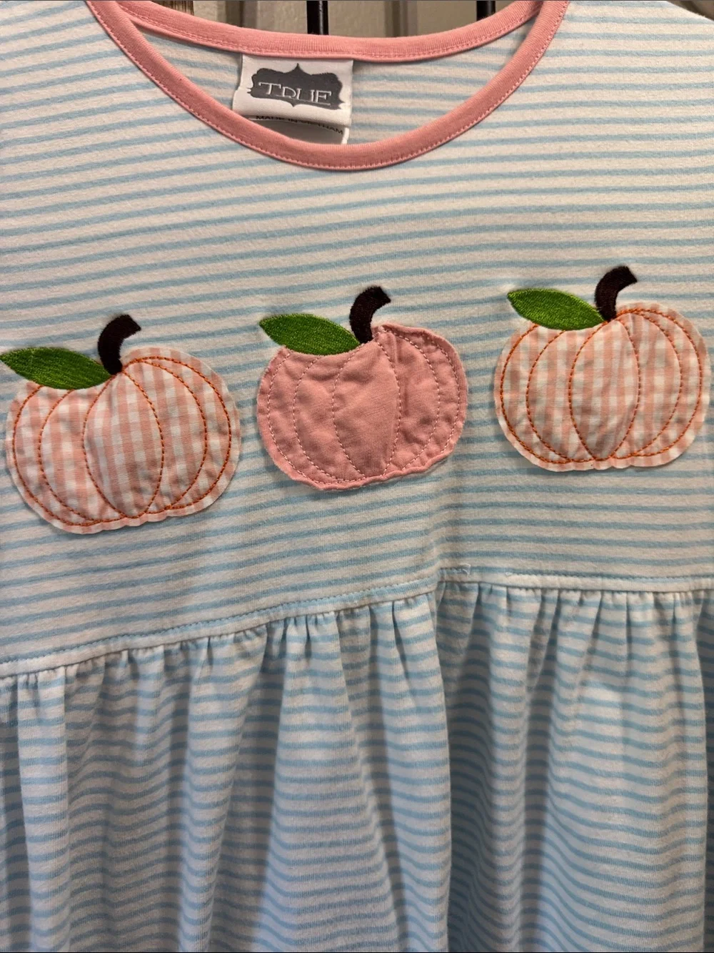 Girls' Light Blue Striped Pumpkin Applique Top 6X fall True